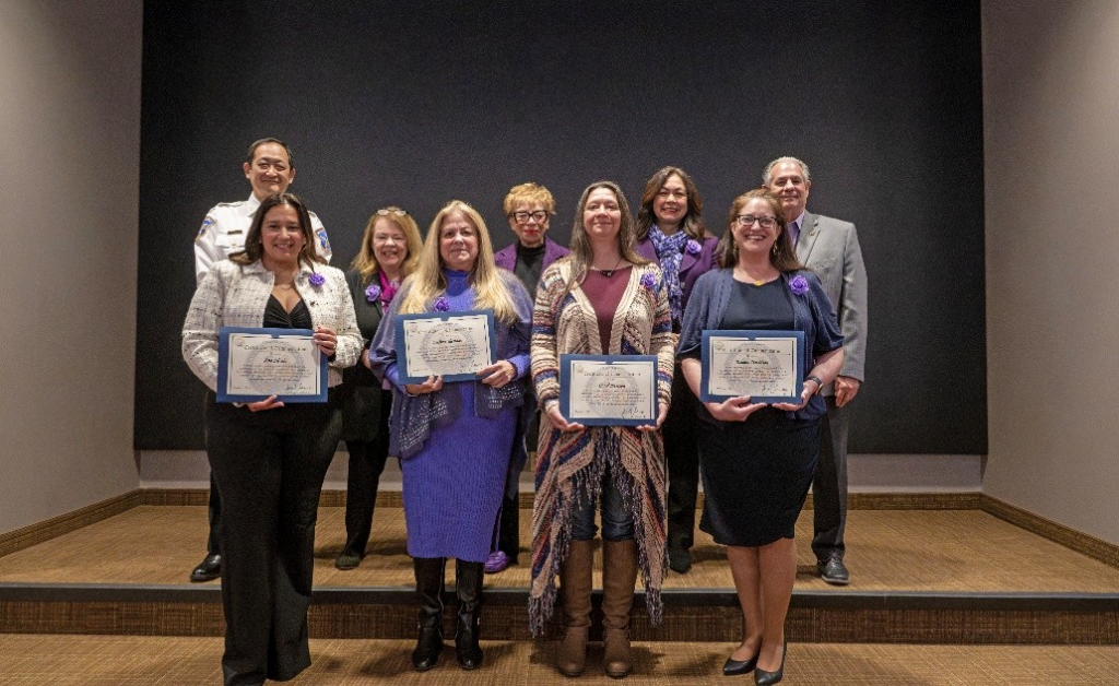 Bergen County Undersheriff Jin Sung Kim, Bergen County Commissioner Mary Amoroso, Bergen County Commissioner Chair Pro Tempore Dr. Joan Voss, Bergen County Commissioner Germaine Ortiz, and Bergen County Executive James J. Tedesco III stand with 2026 Women’s History Month Community Honorees.