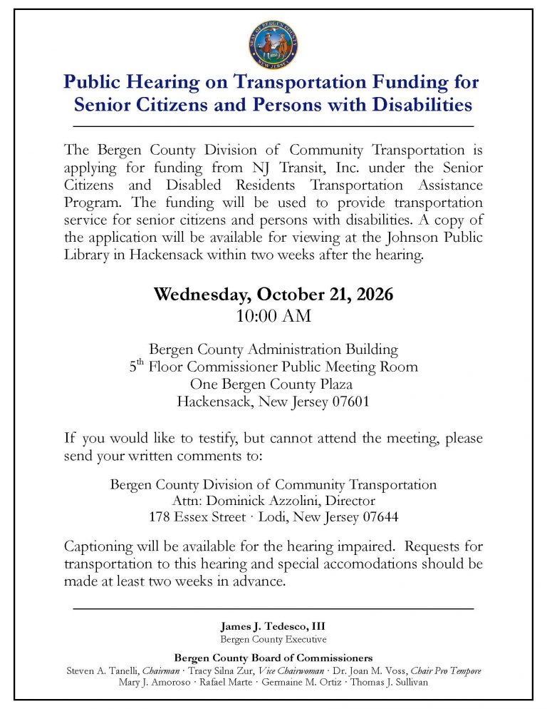 BERGEN COUNTY TO HOLD PUBLIC HEARING ON TRANSPORTATION FUNDING FOR SENIORS AND RESIDENTS WITH DISABILITIES